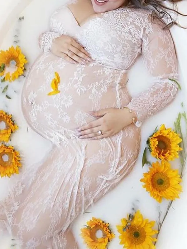 Floral Lace Deep V-neck Maternity Dress