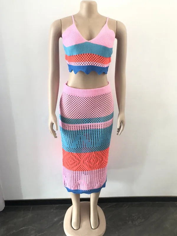 Spaghetti Strap Cut Out Knitwear Rainbow 2 Piece Beach Babyshower Maternity Midi Dress