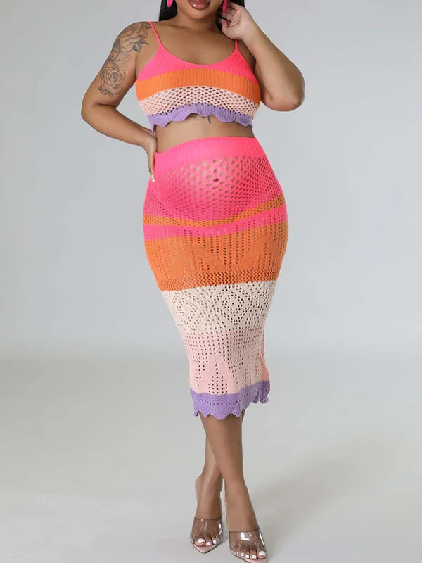 Spaghetti Strap Cut Out Knitwear Rainbow 2 Piece Beach Babyshower Maternity Midi Dress