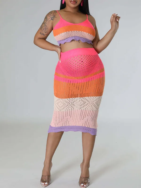 Spaghetti Strap Cut Out Knitwear Rainbow 2 Piece Beach Babyshower Maternity Midi Dress