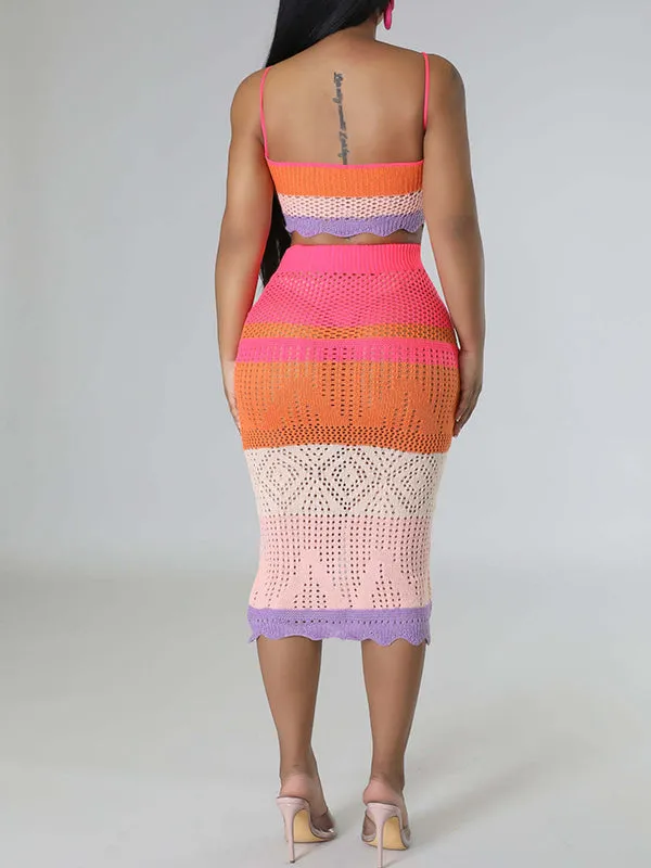 Spaghetti Strap Cut Out Knitwear Rainbow 2 Piece Beach Babyshower Maternity Midi Dress