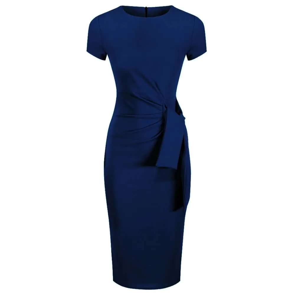 Form-Fitting Navy Blue Dress with Cap Sleeves and Ruched Tie Detail