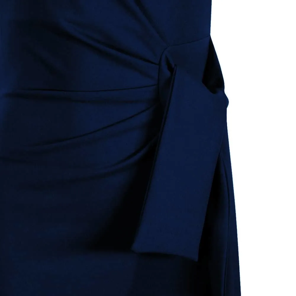 Form-Fitting Navy Blue Dress with Cap Sleeves and Ruched Tie Detail