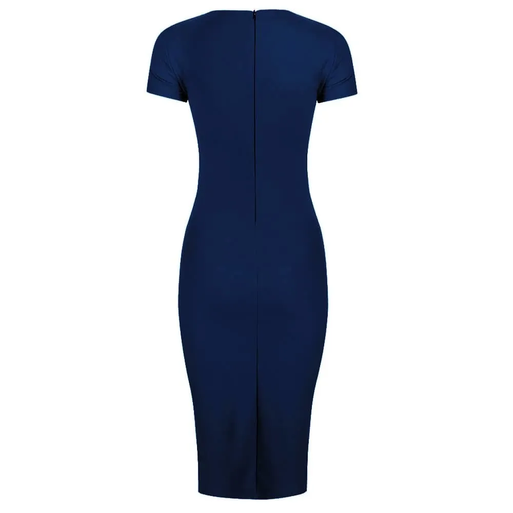 Form-Fitting Navy Blue Dress with Cap Sleeves and Ruched Tie Detail