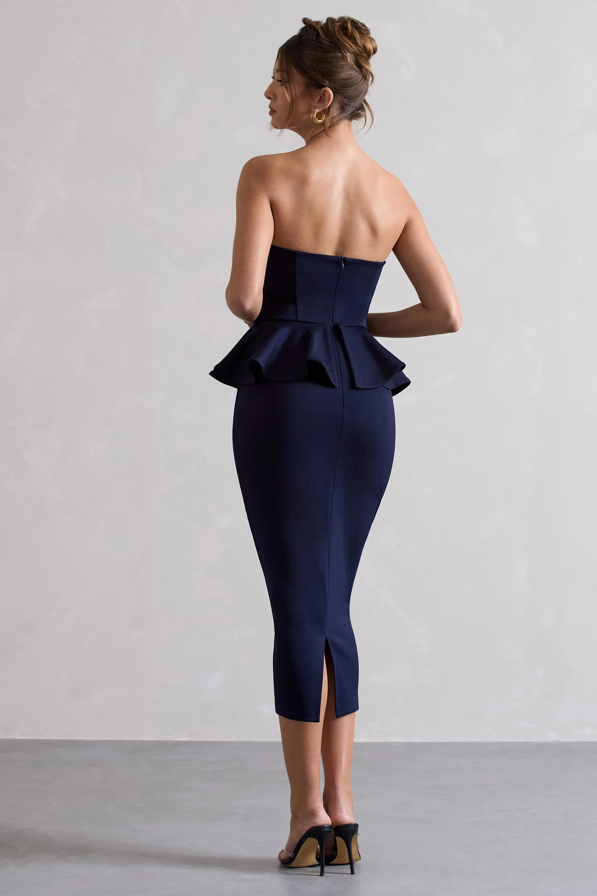 Navy Bandeau Bodycon Midi Dress with Peplum