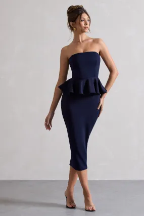 Navy Bandeau Bodycon Midi Dress with Peplum