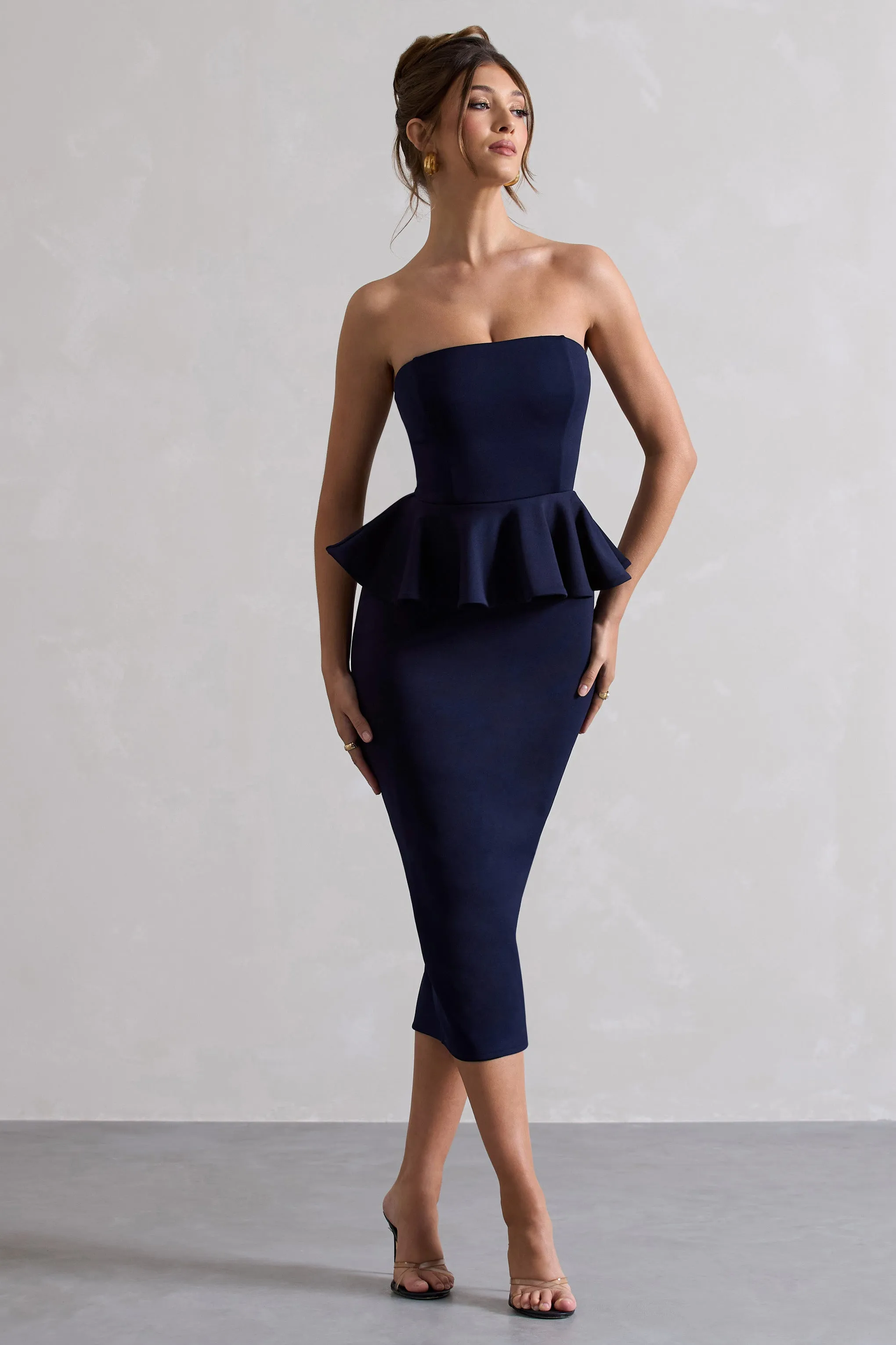 Navy Bandeau Bodycon Midi Dress with Peplum