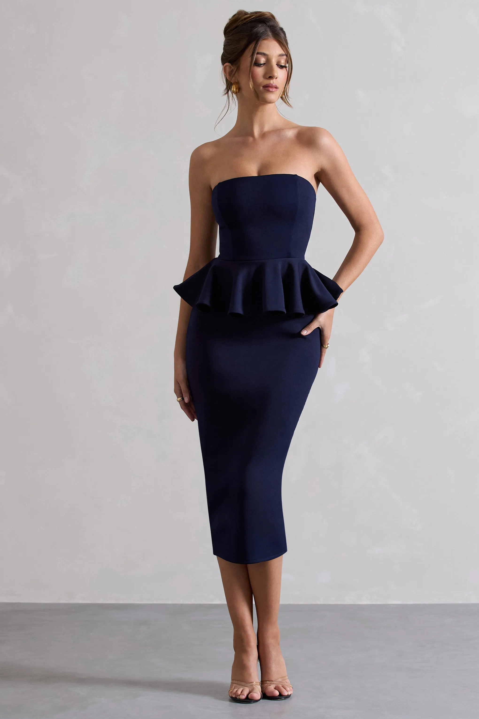 Navy Bandeau Bodycon Midi Dress with Peplum