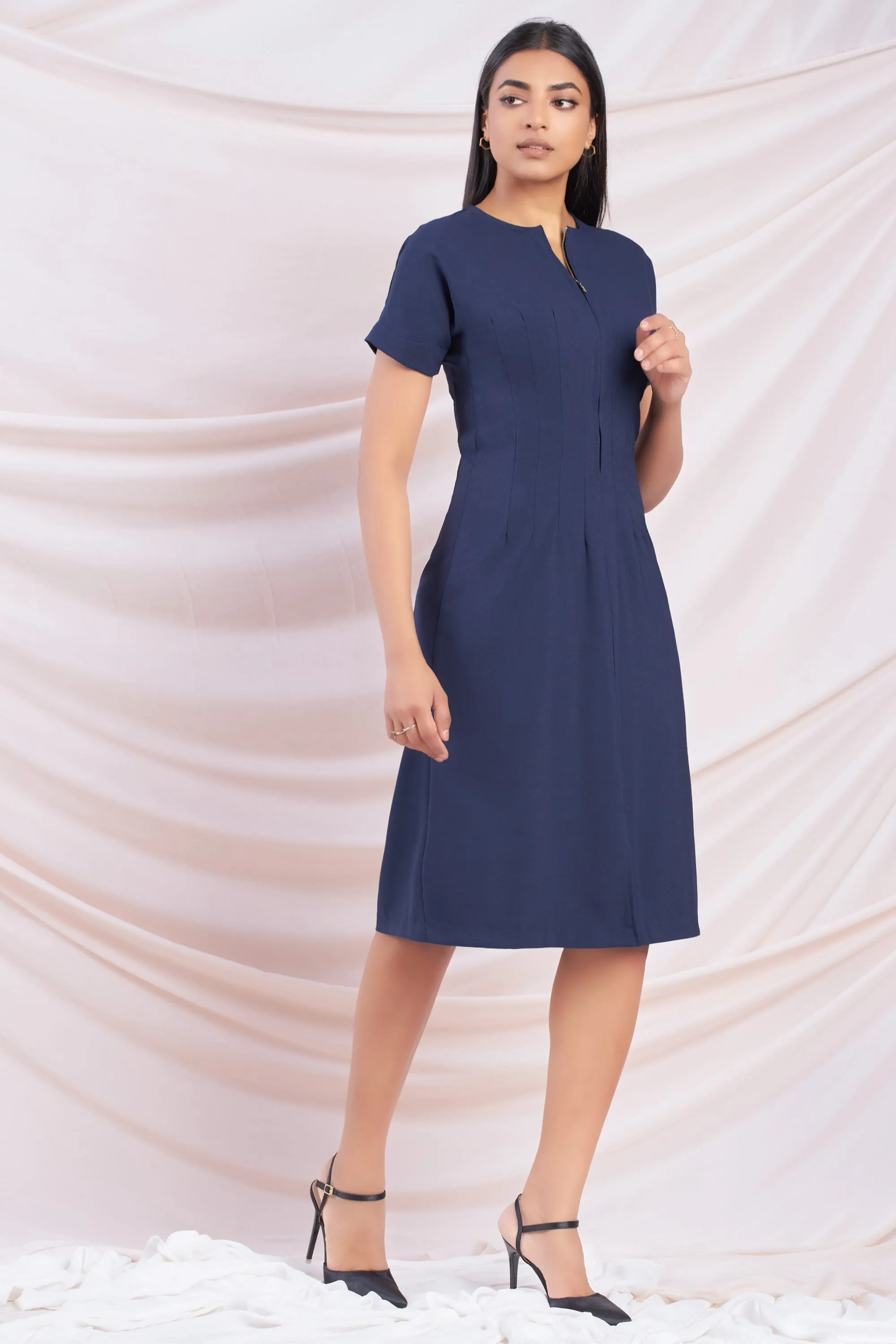 Navy Pleated Zip Up Dress