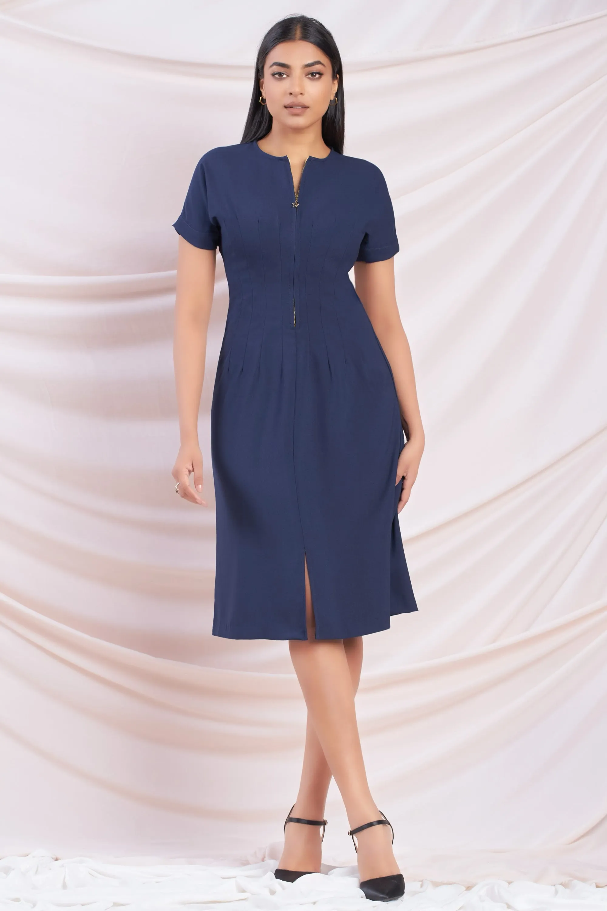 Navy Pleated Zip Up Dress