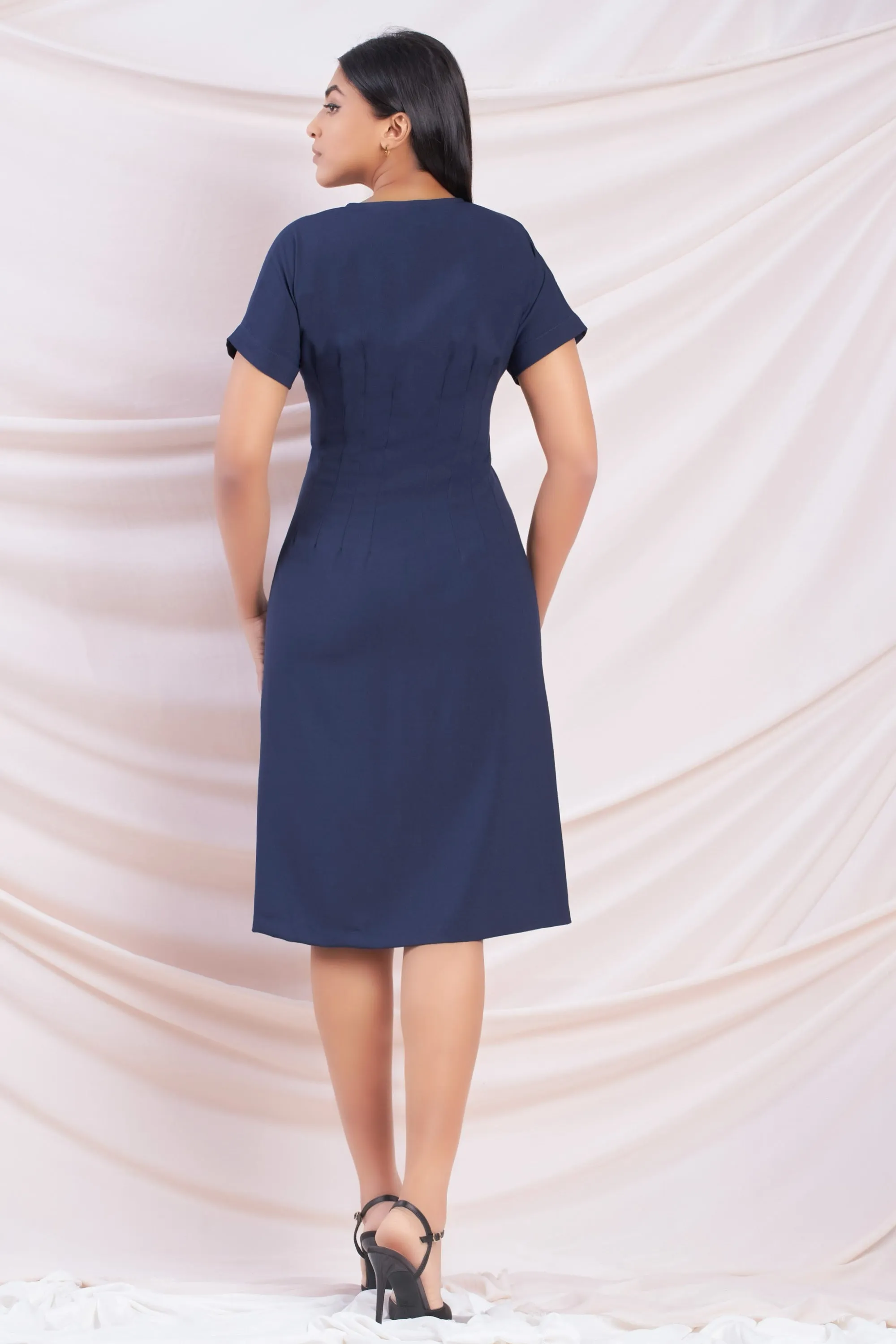 Navy Pleated Zip Up Dress