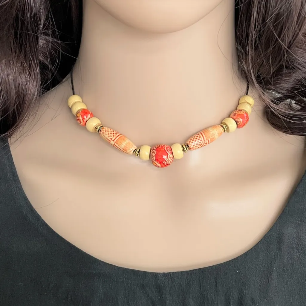 Wood Beaded Orange and Beige Necklace