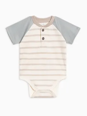 Organic Raglan Henley Bodysuit in Dover Stripe/Mist