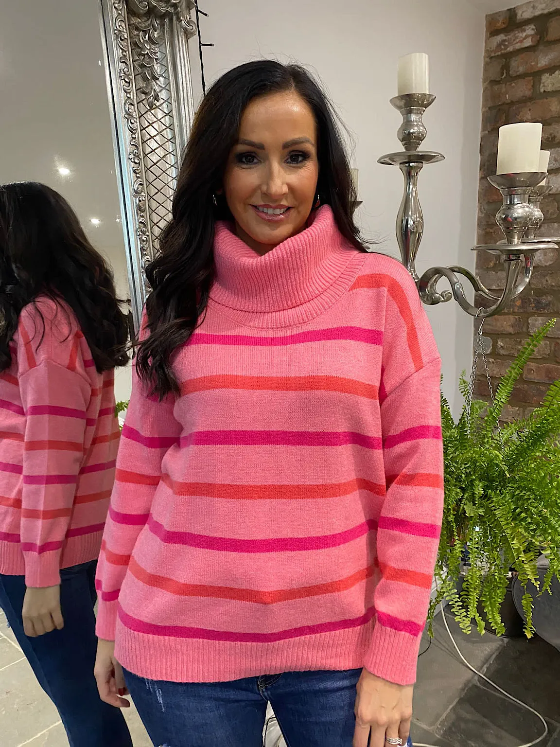 Yasmin Roll Neck Jumper with Pink Stripes