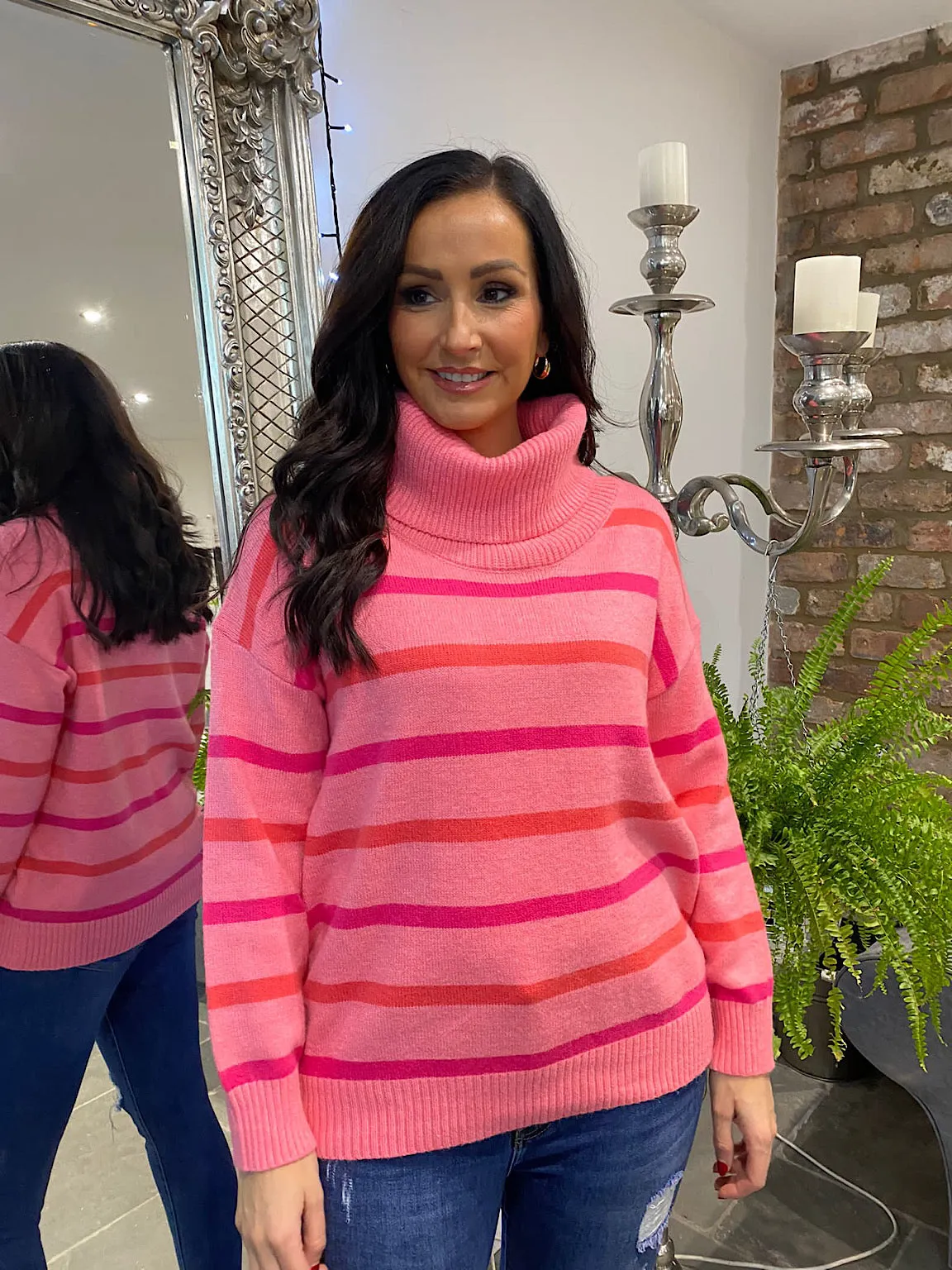 Yasmin Roll Neck Jumper with Pink Stripes