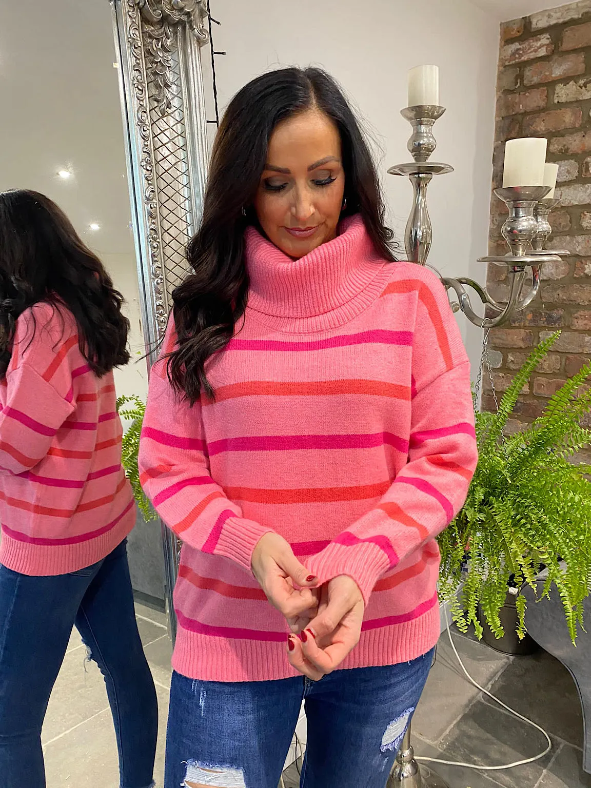 Yasmin Roll Neck Jumper with Pink Stripes