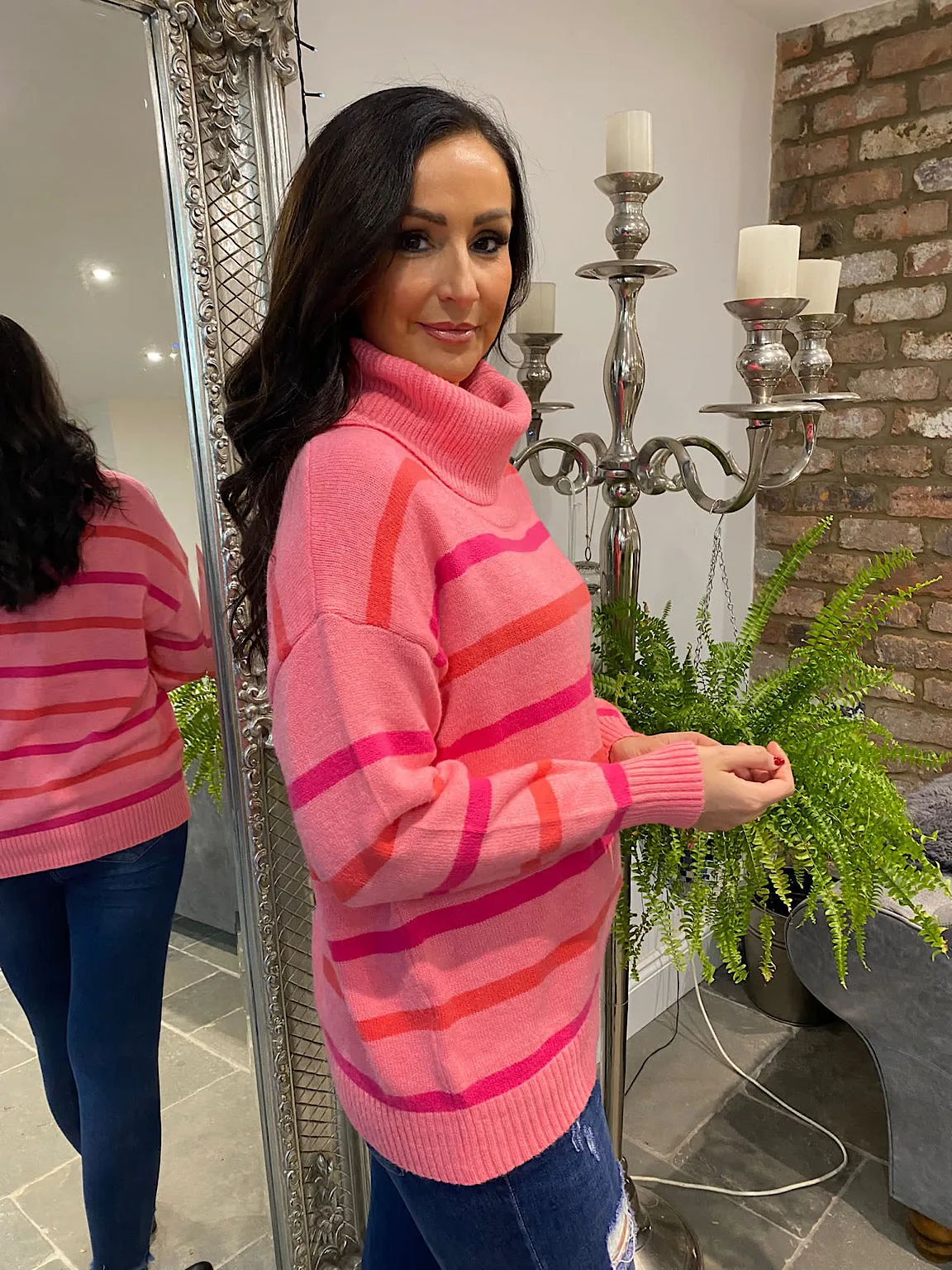 Yasmin Roll Neck Jumper with Pink Stripes