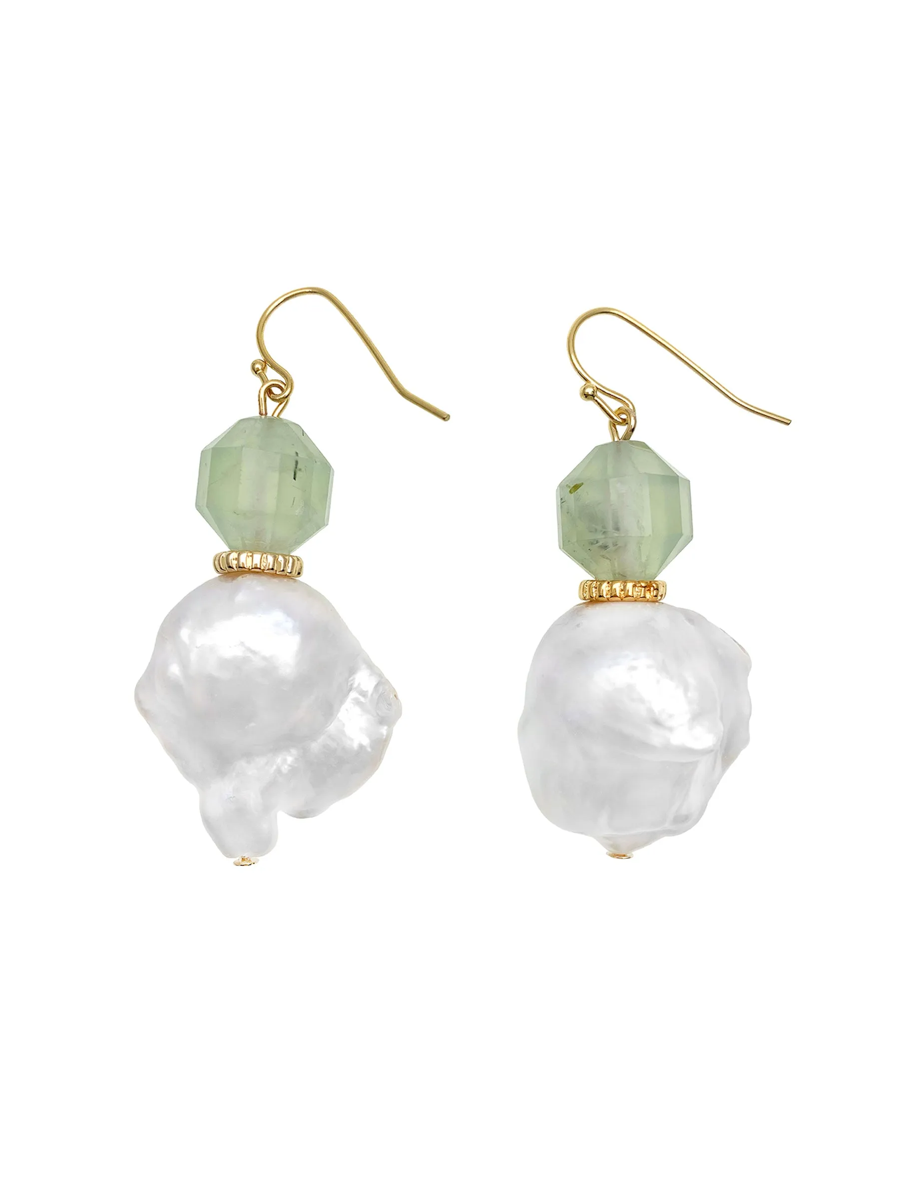 Prehnite Earrings With Baroque Pearl Hooks