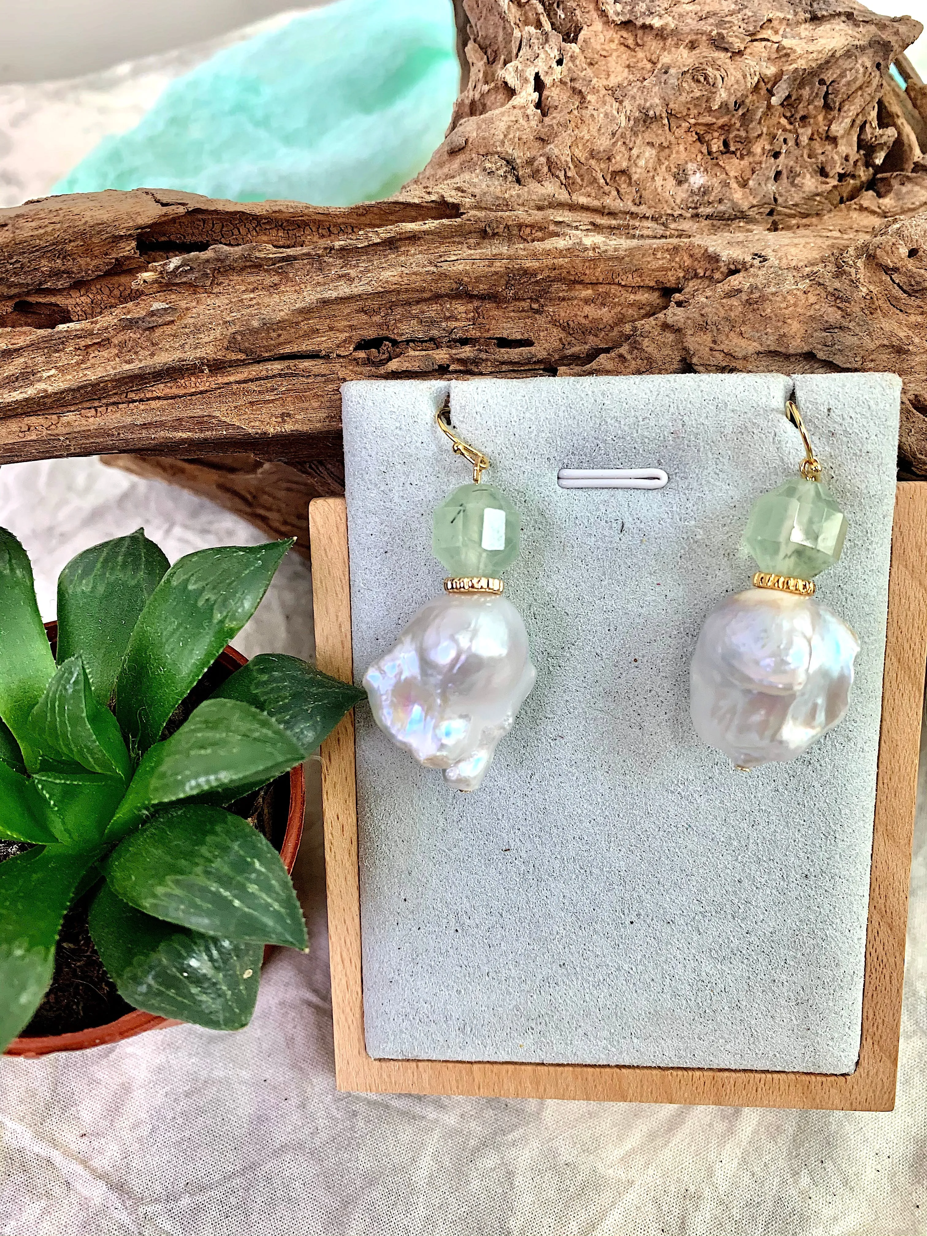 Prehnite Earrings With Baroque Pearl Hooks