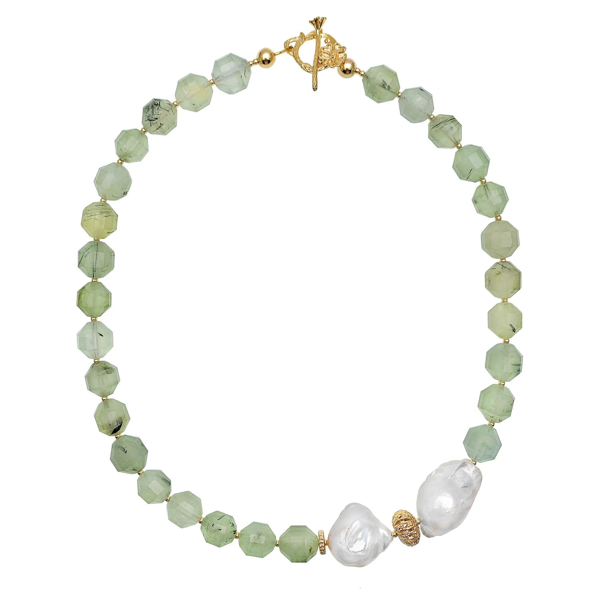 Prehnite Short Necklace With Baroque Pearls