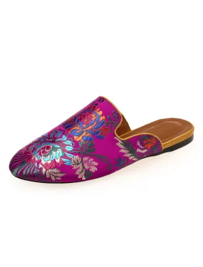 Satin Round Toe Mules with Floral Embroidery for Women