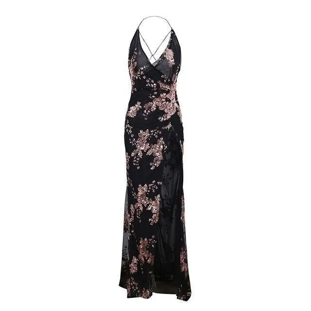 Seductive Sequin High Split Party Maxi Dress with Lace-Up Halter