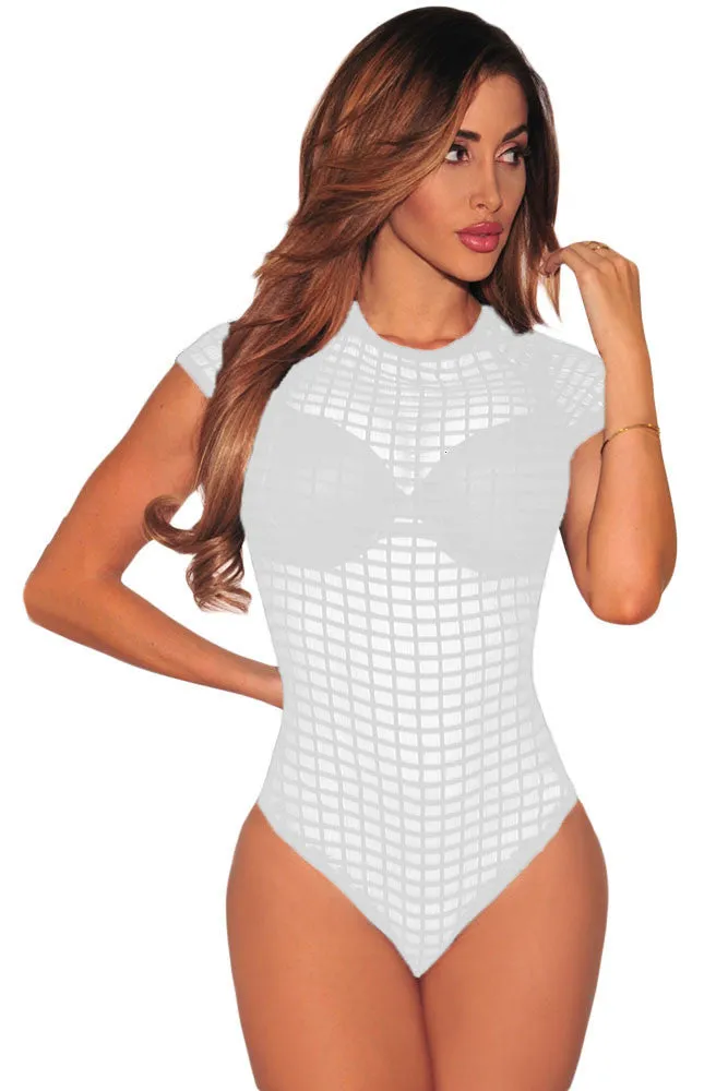 See Through Transparent Bodysuit Short Sleeve Black Plaid Sexy Rompers For Turtleneck Bodycon Jumpsuit SM6