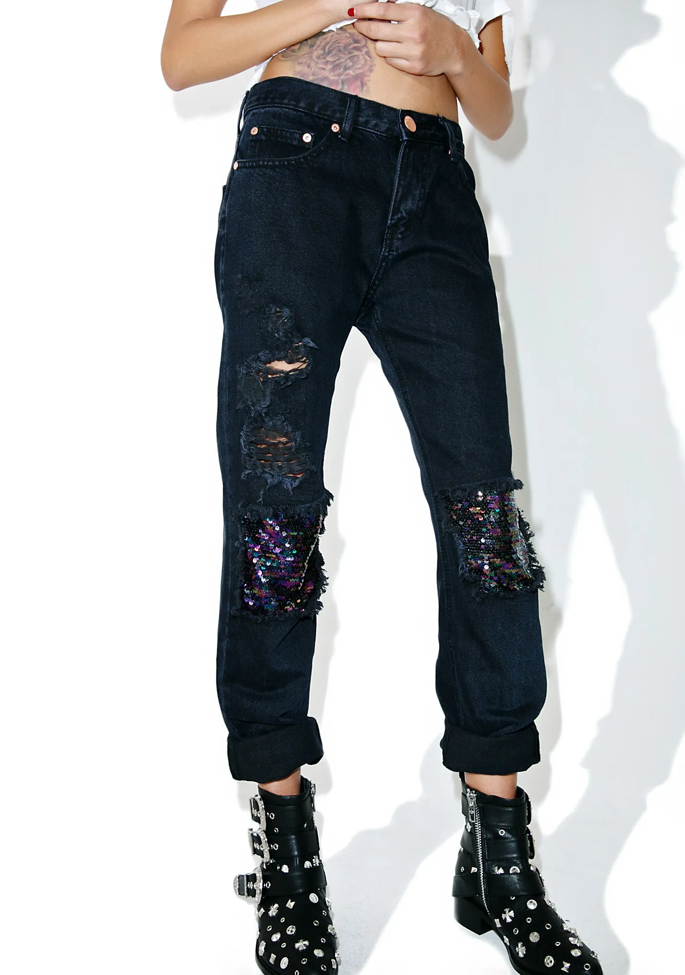 Sequin Embellished Distressed Denim Jeans