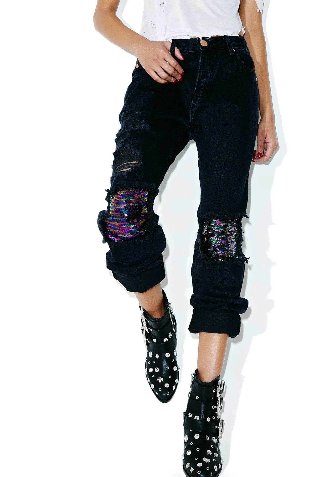 Sequin Embellished Distressed Denim Jeans