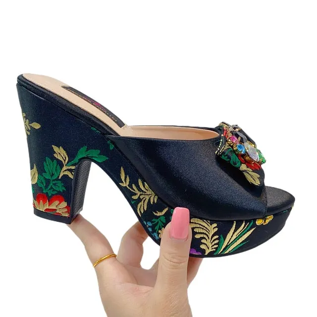 Shanghai Oriental Style Bejeweled Bow Trimmed Satin Mules