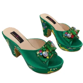 Shanghai Oriental Style Bejeweled Bow Trimmed Satin Mules