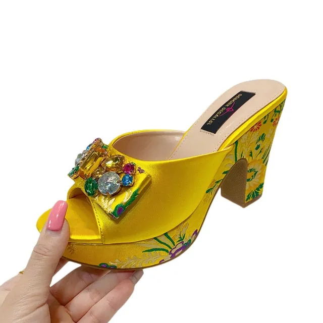 Shanghai Oriental Style Bejeweled Bow Trimmed Satin Mules