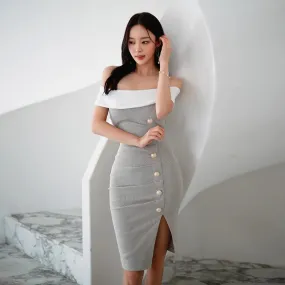 Single Breasted Slash Neck Knee-Length Pencil Bodycon Dresses for Women