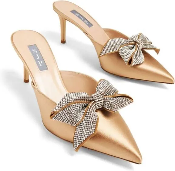 SJP Sarah Jessica Parker Rhinestone Bow 70mm Mules Gold