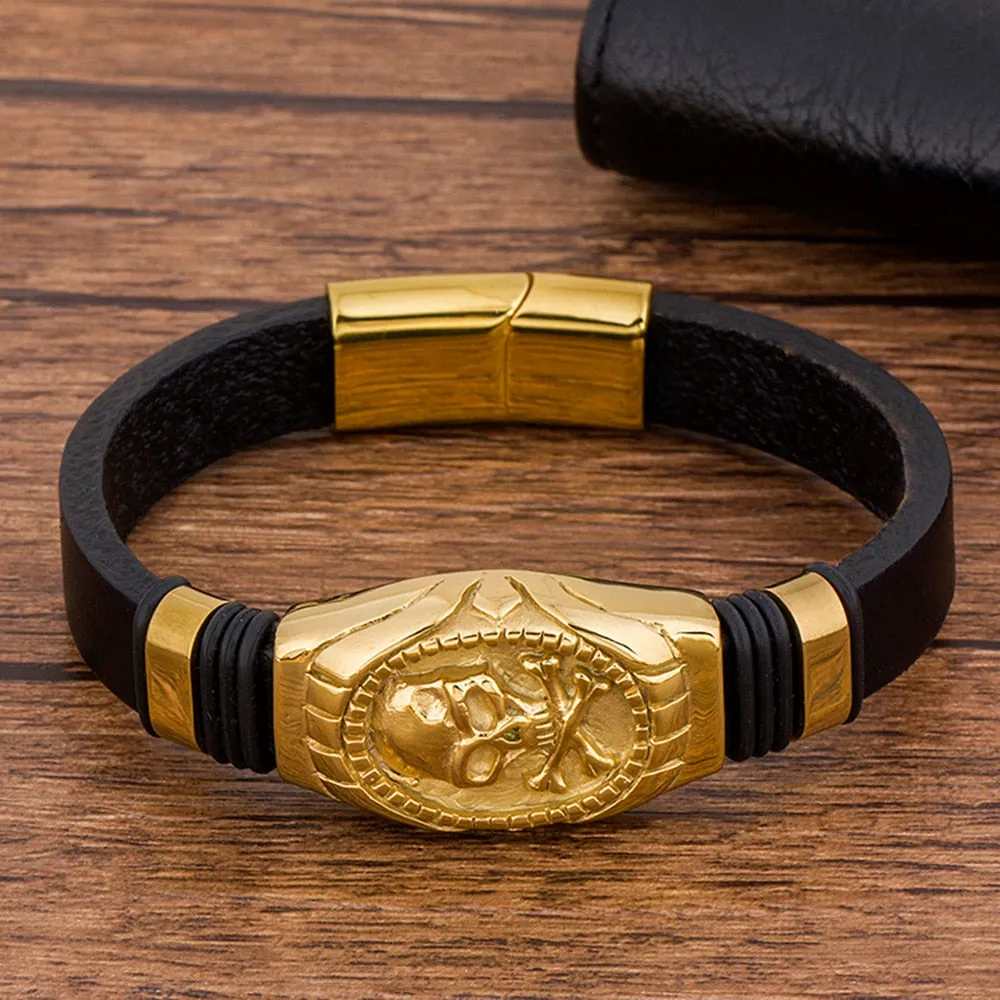 Skull Crossbones Black Leather Bracelet