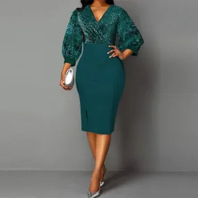 V-neck Bodycon Dress with Puff Sleeves and Slit