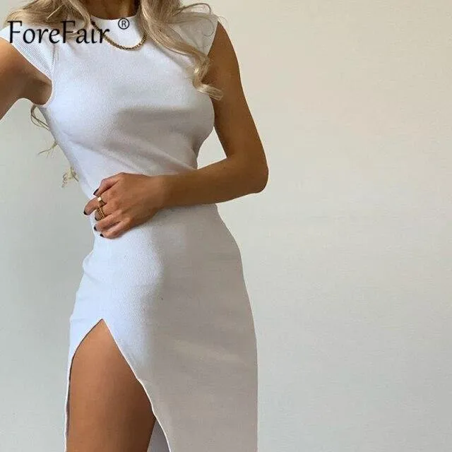 Short Sleeve O-Neck Midi Dress with Slit