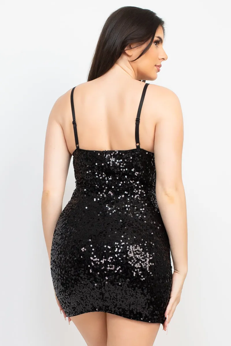 Sequin-studded Spaghetti Strap Mini Dress