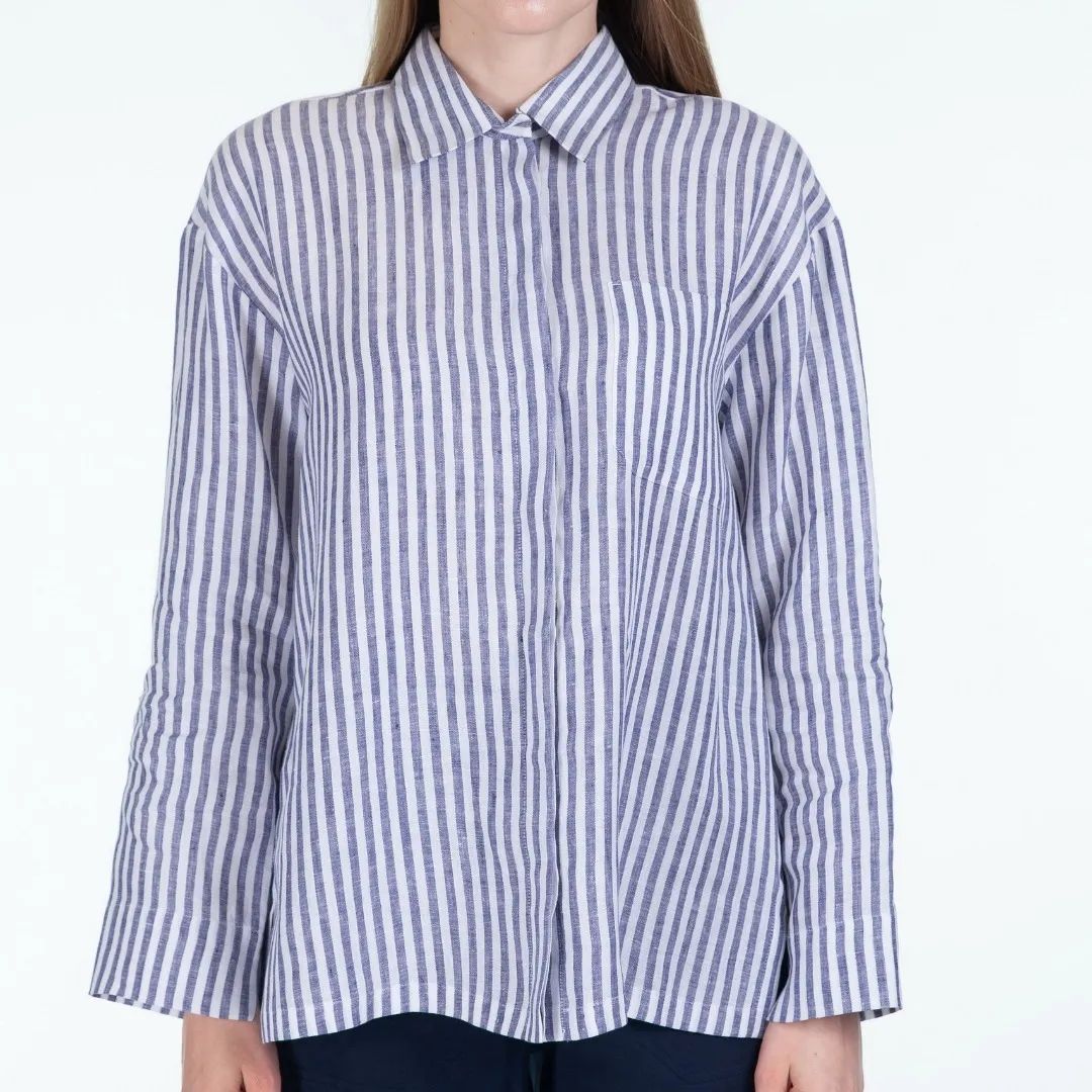 Elegant Long Sleeve Striped Linen Top by S Max Mara