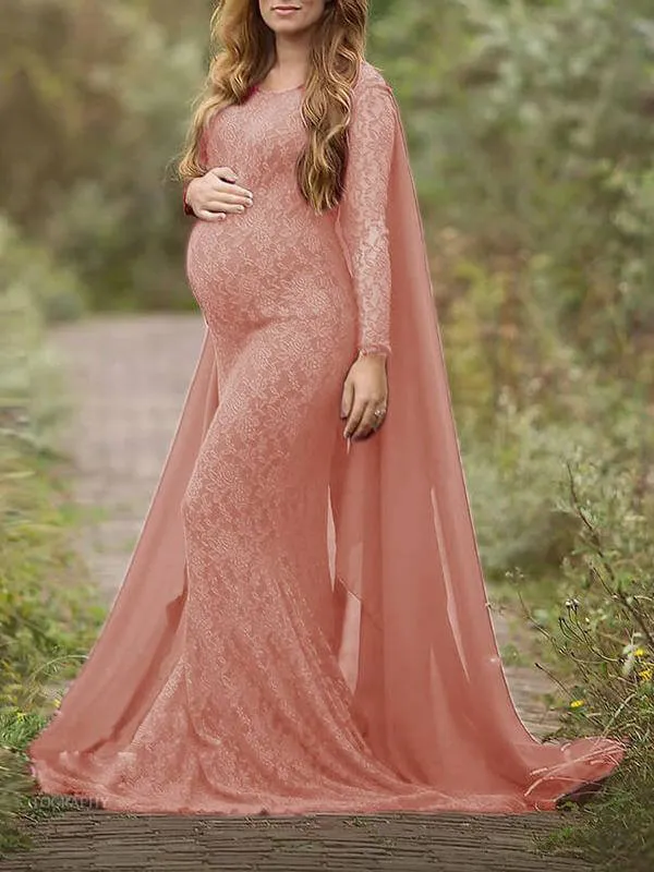 Momnfancy Lace Bodycon Chiffon Maternity Babyshower Flowy Maxi Dress