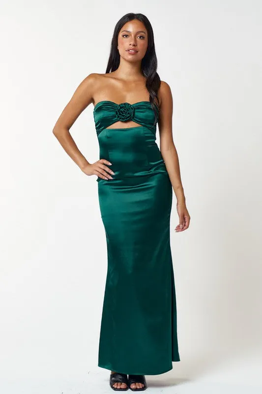 Satin Tube Maxi Dress with Rosette