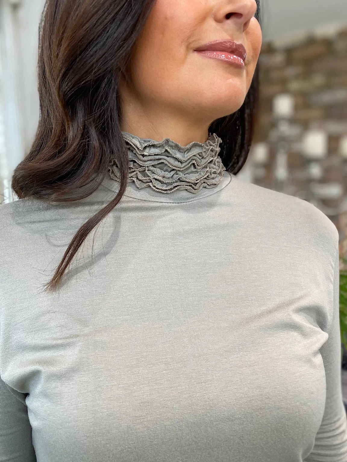 Ruffle Roll Neck Top in Taupe Regan