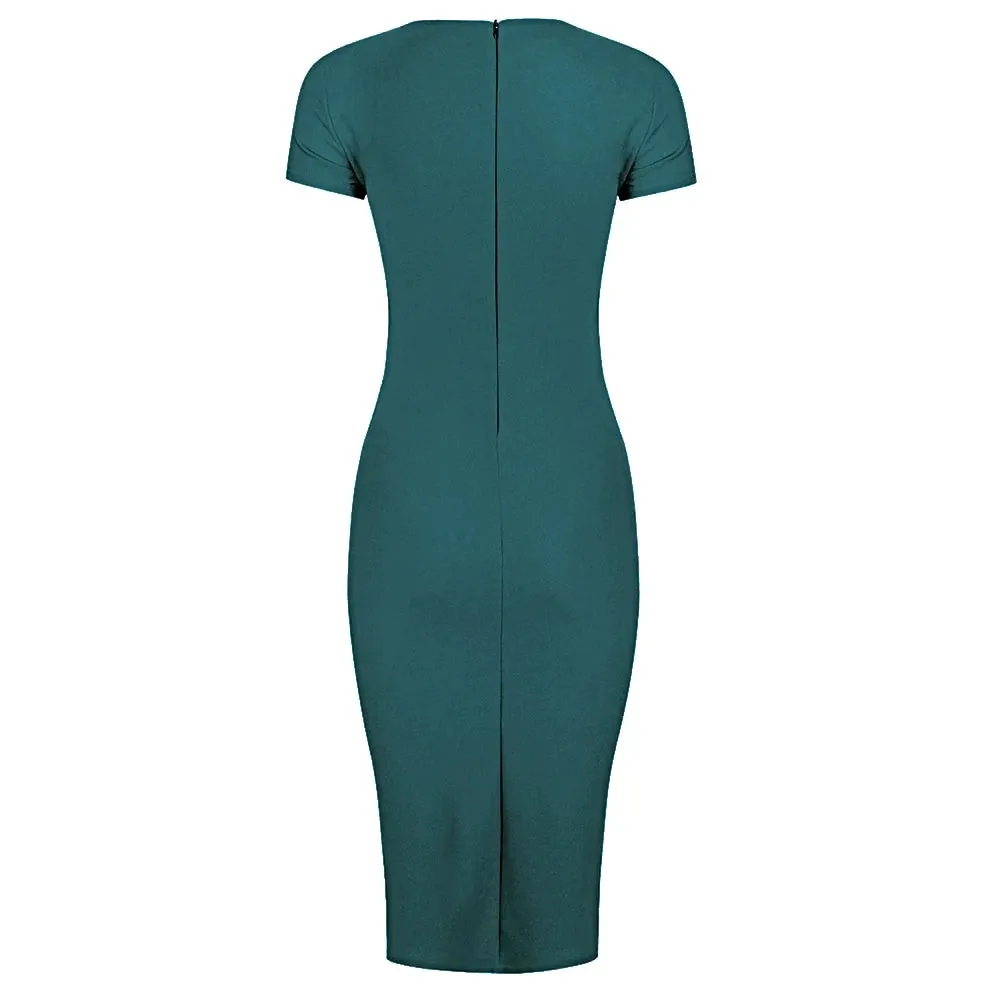 Teal Ruched Tie Bodycon Pencil Dress