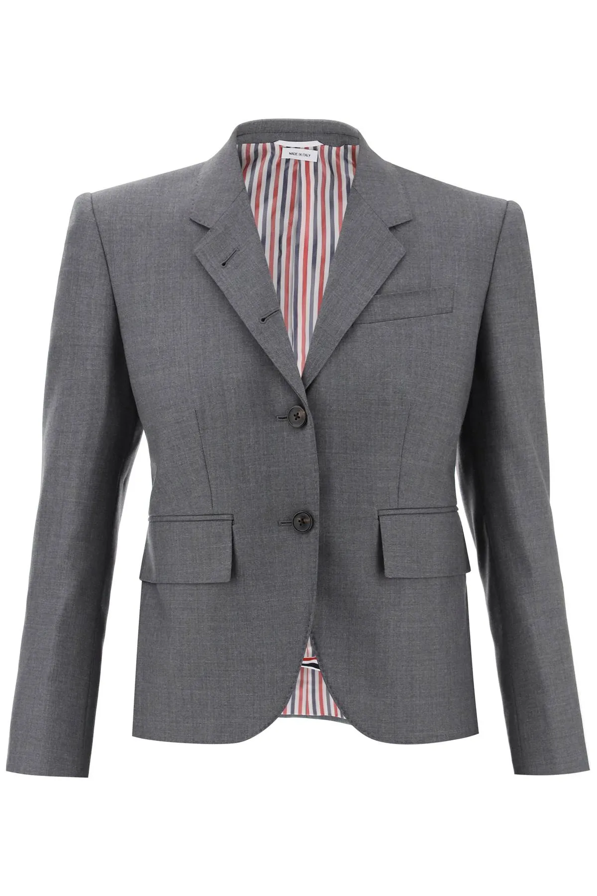 grey cropped single-breasted jacket from Thom Browne