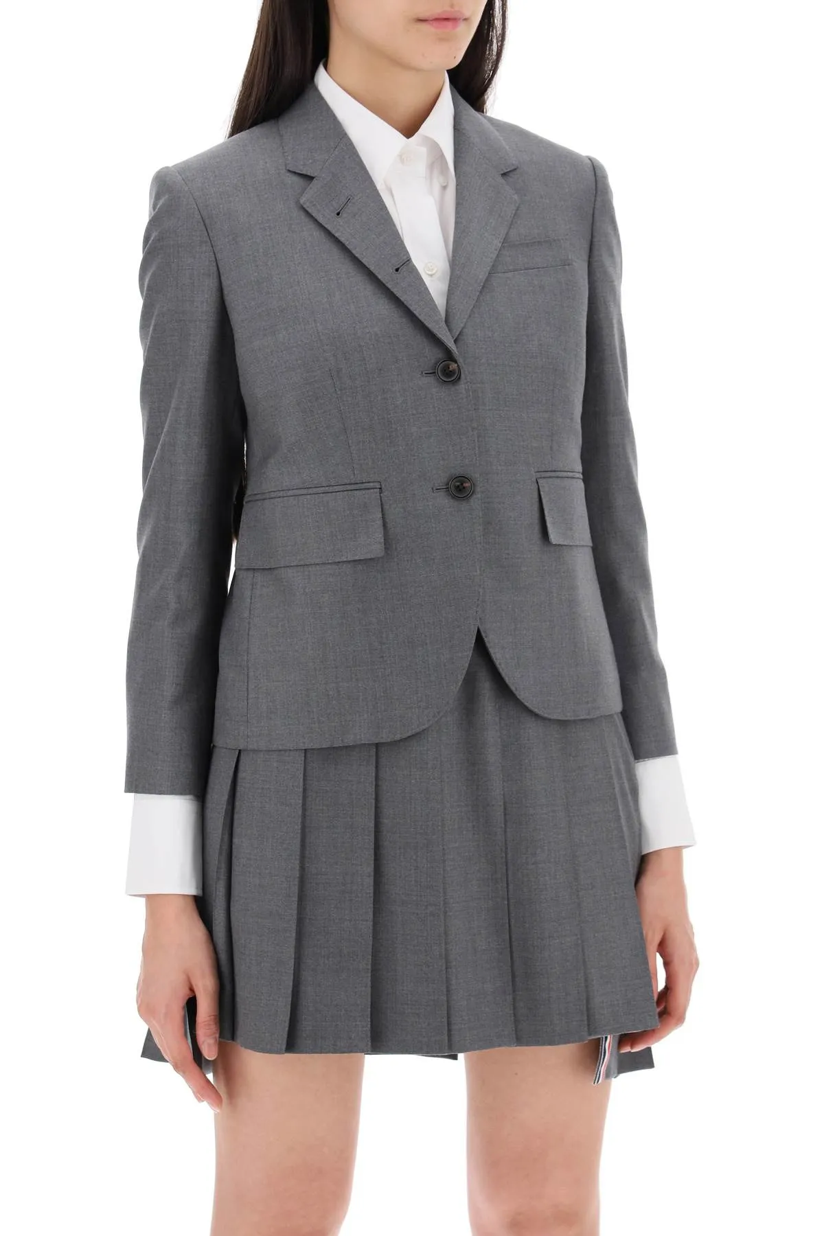 grey cropped single-breasted jacket from Thom Browne