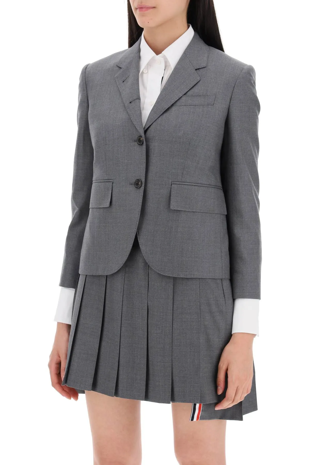 grey cropped single-breasted jacket from Thom Browne