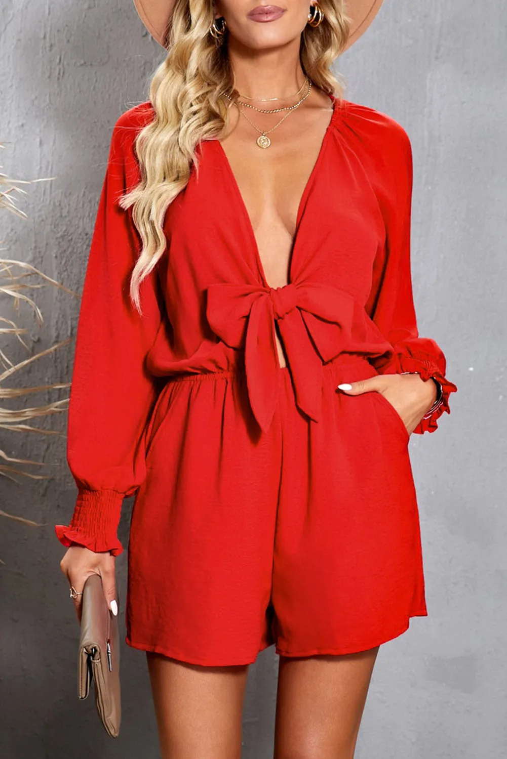 Plunge Romper with Tied Flounce Sleeve