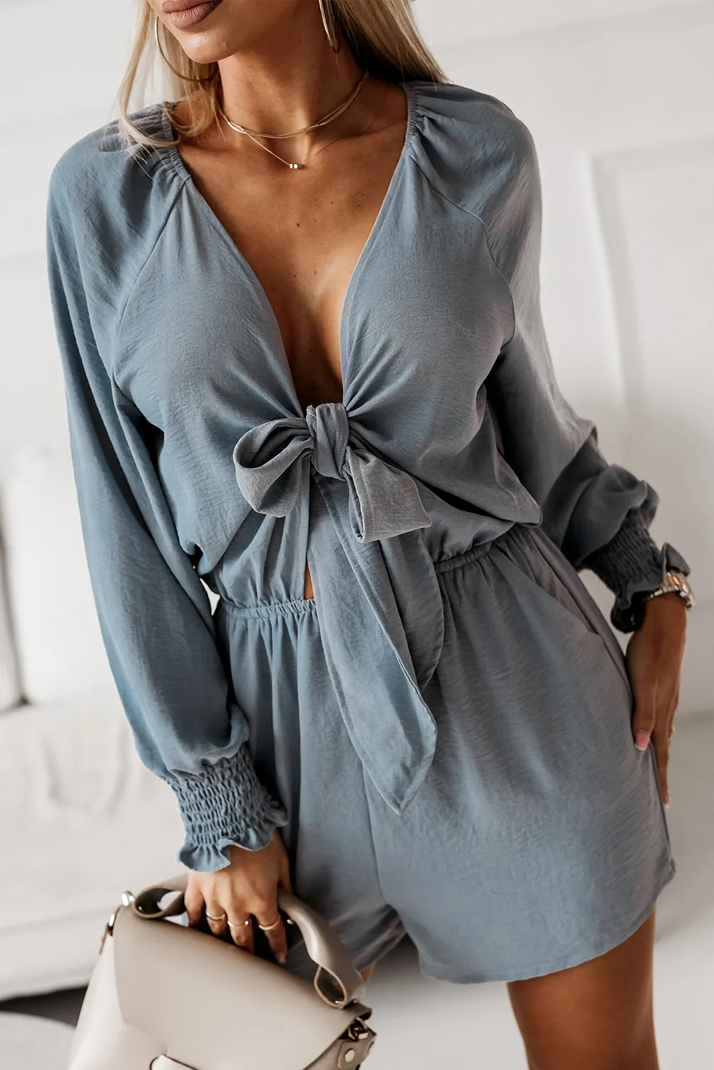 Plunge Romper with Tied Flounce Sleeve