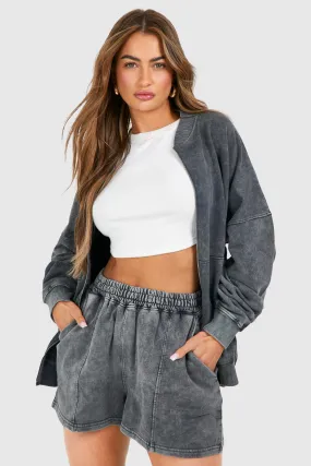 Acid Wash Bomber Zip Short Tracksuit