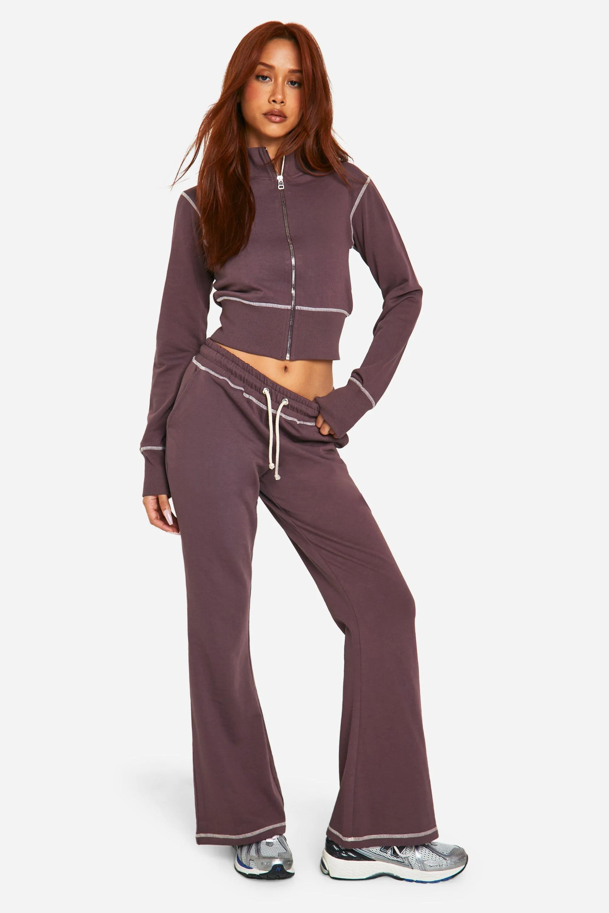 Contrast Stitch Shrunken Top and Flared Jogger Tracksuit